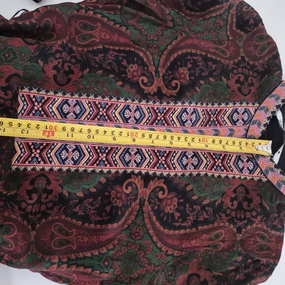 ZARA Jacquard Ribbon Dress , Long Sleeve Midi, Deep Green & Burgundy , Boho XS - Picture 14 of 15